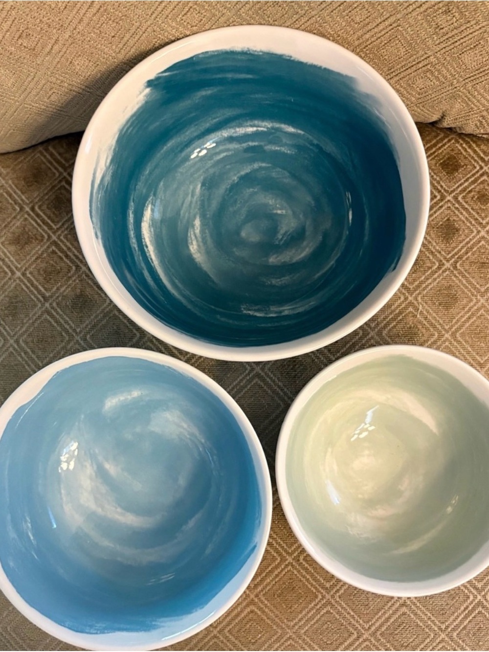 Hand-Painted Ceramic Bowls - Blue, Teal, and Pale Green